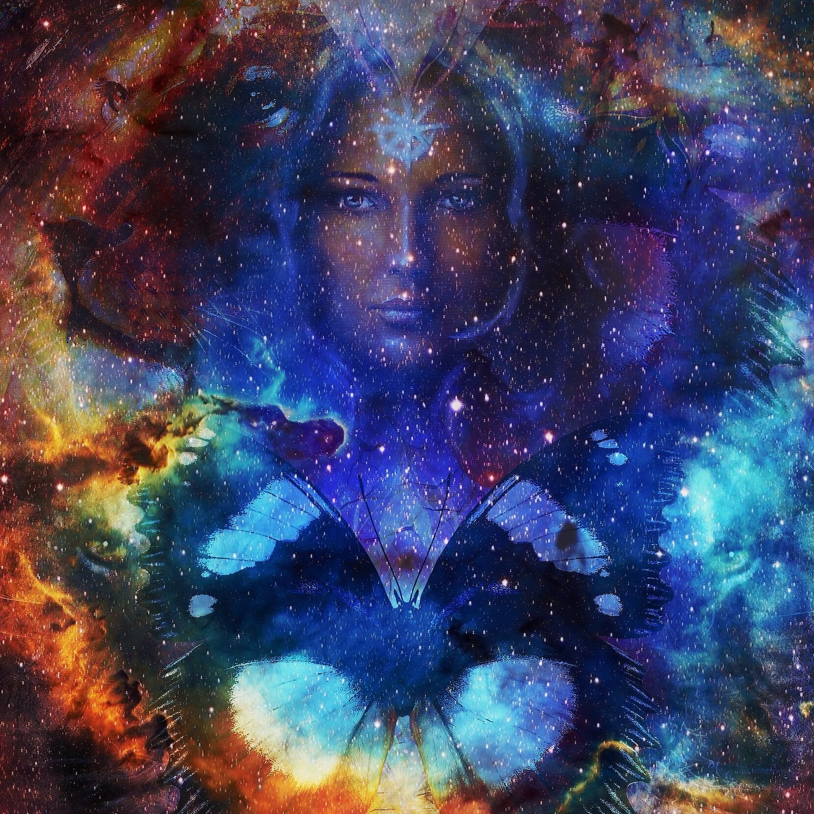 Goodnes woman and lion and butterfly in space with galaxi and stars. profile portrait, eye contact.